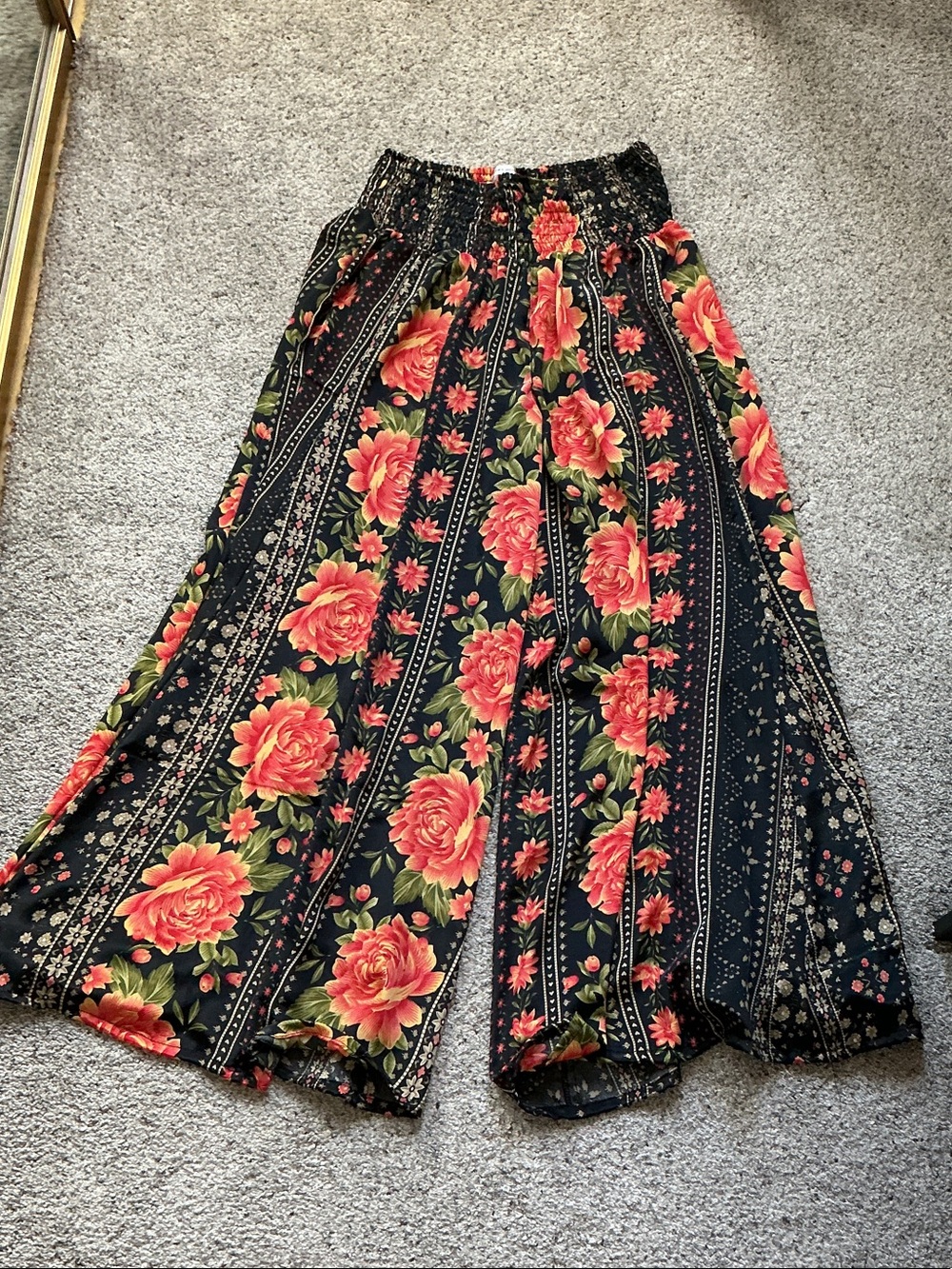 Karma Highway Wide Leg Floral Palazzo Pants ~ Black with Coral Roses